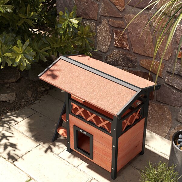 PawHut Cat House Outdoor w/ Balcony Stairs Roof, 77 x 50 x 73 cm, Brown Aosom UK