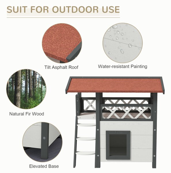 PawHut Cat House Outdoor w/ Balcony Stairs Roof, 77 x 50 x 73 cm, White