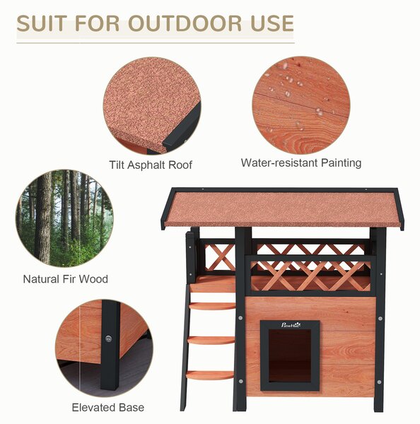 PawHut Cat House Outdoor w/ Balcony Stairs Roof, 77 x 50 x 73 cm, Brown Aosom UK