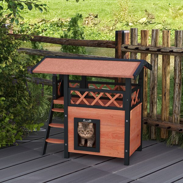 PawHut Cat House Outdoor w/ Balcony Stairs Roof, 77 x 50 x 73 cm, Brown Aosom UK