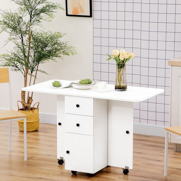 HOMCOM Folding Kitchen Table for 4-6, Rolling Drop Leaf Dining Table with Storage Drawers, Cabinet and Open Shelf, Wheels, White Aosom UK