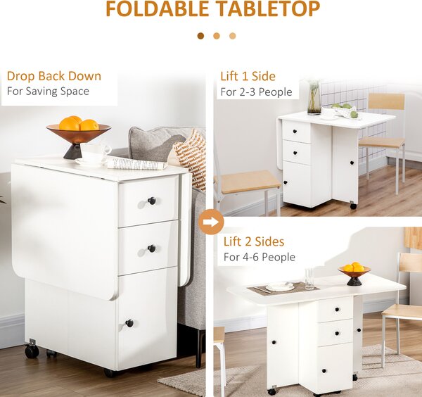 HOMCOM Folding Kitchen Table for 4-6, Rolling Drop Leaf Dining Table with Storage Drawers, Cabinet and Open Shelf, Wheels, White Aosom UK