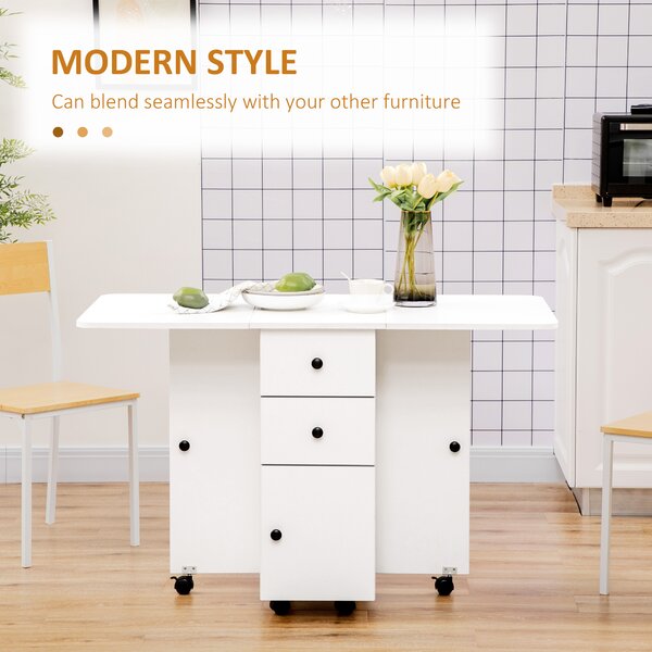 HOMCOM Folding Kitchen Table for 4-6, Rolling Drop Leaf Dining Table with Storage Drawers, Cabinet and Open Shelf, Wheels, White Aosom UK