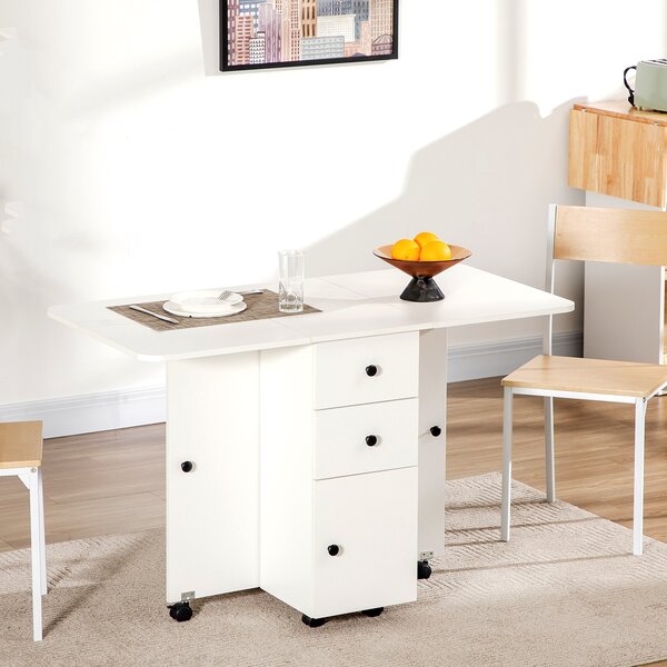 HOMCOM Folding Kitchen Table for 4-6, Rolling Drop Leaf Dining Table with Storage Drawers, Cabinet and Open Shelf, Wheels, White Aosom UK