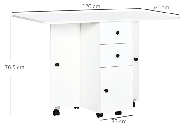 HOMCOM Folding Kitchen Table for 4-6, Rolling Drop Leaf Dining Table with Storage Drawers, Cabinet and Open Shelf, Wheels, White Aosom UK