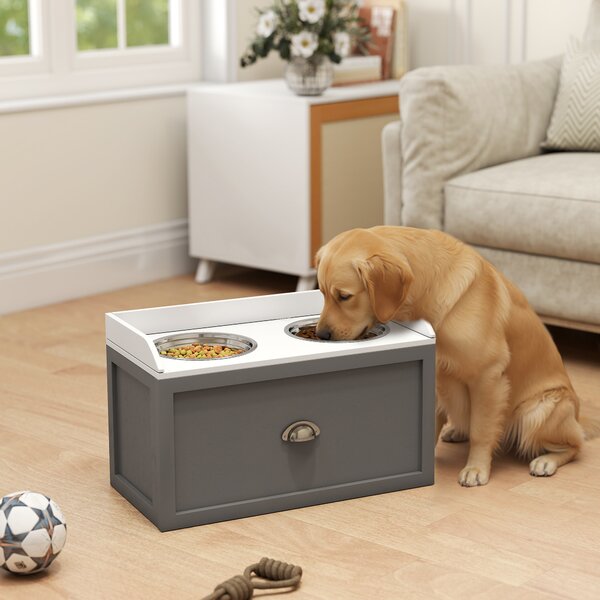 PawHut Elevated Dog Feeder, Stainless Steel Pet Bowls with Storage Drawer, 21L Capacity for Large Breeds, Grey Aosom UK