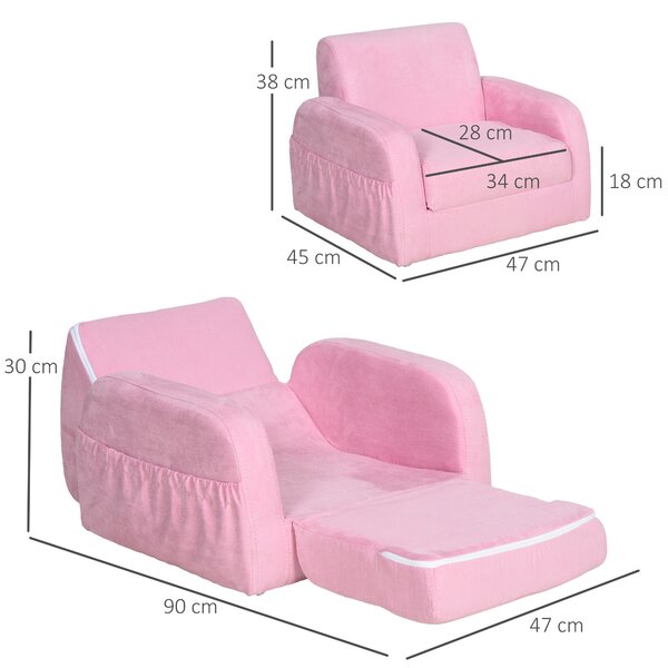 HOMCOM Kids 2 In 1 Armchair Sofa Bed, Fold Out, Padded Wood Frame, Bedroom Furniture, Pink Aosom UK