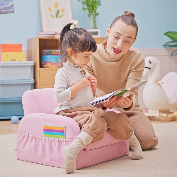 HOMCOM Kids 2 In 1 Armchair Sofa Bed, Fold Out, Padded Wood Frame, Bedroom Furniture, Pink Aosom UK
