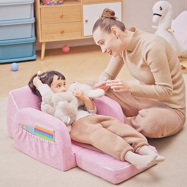 HOMCOM Kids 2 In 1 Armchair Sofa Bed, Fold Out, Padded Wood Frame, Bedroom Furniture, Pink Aosom UK