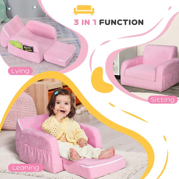 HOMCOM Kids 2 In 1 Armchair Sofa Bed, Fold Out, Padded Wood Frame, Bedroom Furniture, Pink Aosom UK