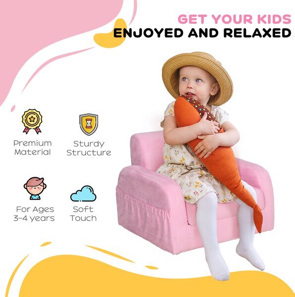 HOMCOM Kids 2 In 1 Armchair Sofa Bed, Fold Out, Padded Wood Frame, Bedroom Furniture, Pink Aosom UK