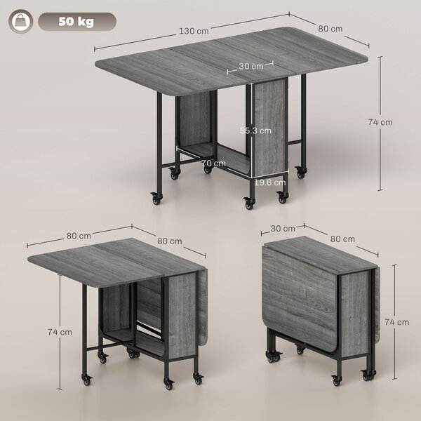 HOMCOM Mobile Drop Leaf Table Folding Kitchen Table Extendable Dining Table For Small Spaces With 6 Wheels & Storage Shelf Aosom UK
