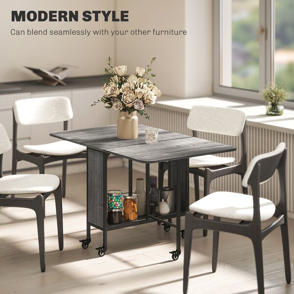 HOMCOM Mobile Drop Leaf Table Folding Kitchen Table Extendable Dining Table For Small Spaces With 6 Wheels & Storage Shelf Aosom UK