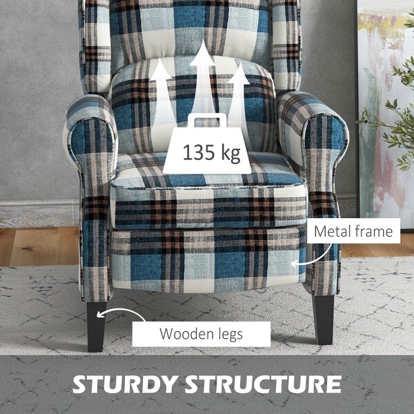 HOMCOM Wingback Reclining Chair, Push Back Recliner Armchair for Living Room Bedroom with Footrest Armrests Wood Legs, Cat Scratch Anti, Blue