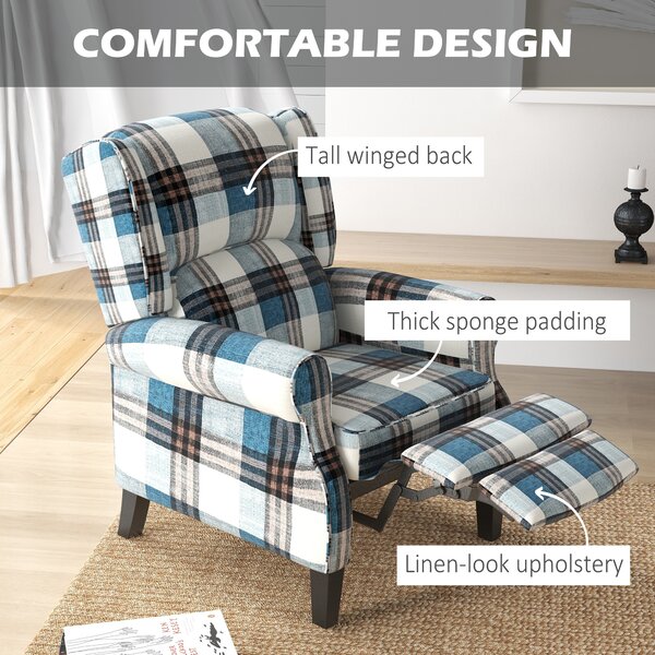 HOMCOM Wingback Reclining Chair, Push Back Recliner Armchair for Living Room Bedroom with Footrest Armrests Wood Legs, Cat Scratch Anti, Blue