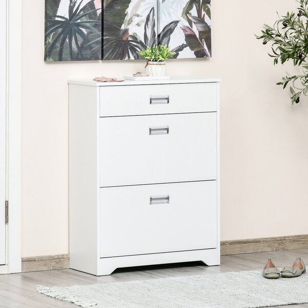HOMCOM Shoe Cabinet with Tipping Storage Rack, 2 Pull-Down Doors, Drawer, Adjustable Shelf for Entryway, White Aosom UK