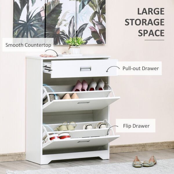 HOMCOM Shoe Cabinet with Tipping Storage Rack, 2 Pull-Down Doors, Drawer, Adjustable Shelf for Entryway, White Aosom UK