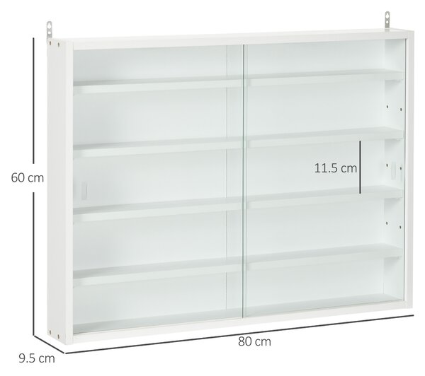 HOMCOM 5-Tier Wall Display Shelf Unit Cabinet w/ 4 Adjustable Shelves Glass Doors Home Office Ornaments 60x80cm White Aosom UK