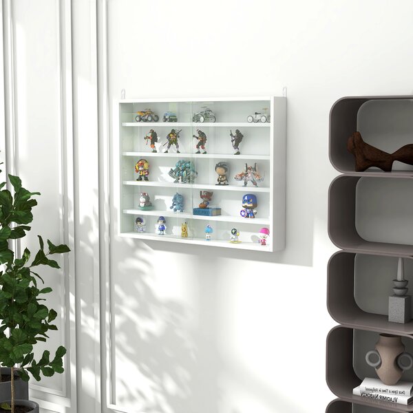 HOMCOM 5-Tier Wall Display Shelf Unit Cabinet w/ 4 Adjustable Shelves Glass Doors Home Office Ornaments 60x80cm White Aosom UK