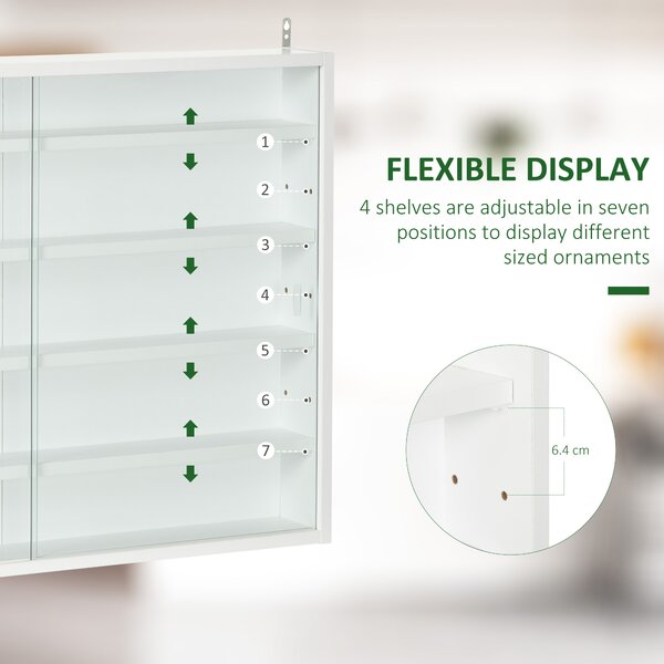 HOMCOM 5-Tier Wall Display Shelf Unit Cabinet w/ 4 Adjustable Shelves Glass Doors Home Office Ornaments 60x80cm White Aosom UK