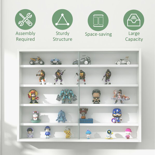 HOMCOM 5-Tier Wall Display Shelf Unit Cabinet w/ 4 Adjustable Shelves Glass Doors Home Office Ornaments 60x80cm White Aosom UK
