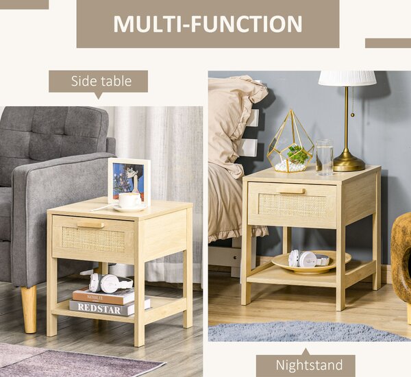 HOMCOM Bedside Nightstand Set of 2, with Rattan Drawer and Storage Shelf, for Bedroom, Living Room Aosom UK