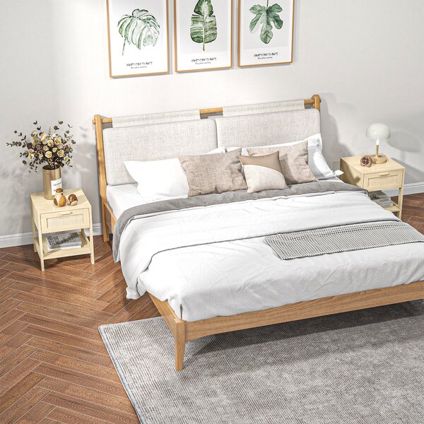 HOMCOM Bedside Nightstand Set of 2, with Rattan Drawer and Storage Shelf, for Bedroom, Living Room Aosom UK