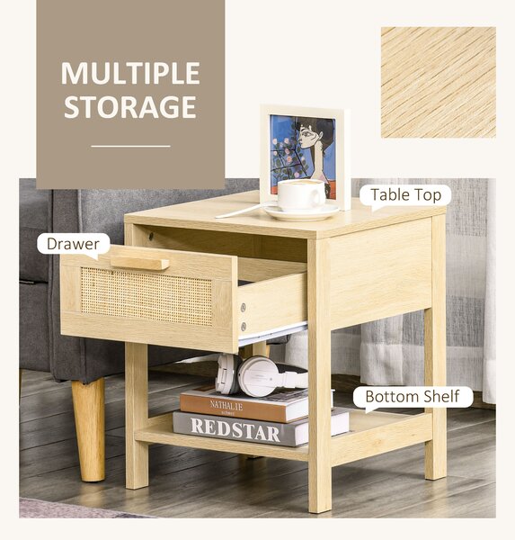 HOMCOM Bedside Nightstand Set of 2, with Rattan Drawer and Storage Shelf, for Bedroom, Living Room Aosom UK