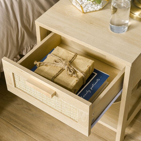 HOMCOM Bedside Nightstand Set of 2, with Rattan Drawer and Storage Shelf, for Bedroom, Living Room Aosom UK
