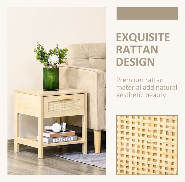 HOMCOM Bedside Nightstand Set of 2, with Rattan Drawer and Storage Shelf, for Bedroom, Living Room Aosom UK