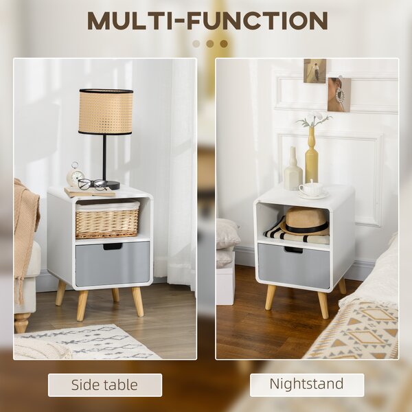 HOMCOM Bedside Table Set of 2, Wooden End Nightstand with Drawer, Scandinavian Nordic Style Lamp Desk Storage Unit for Bedroom, Wood Aosom UK