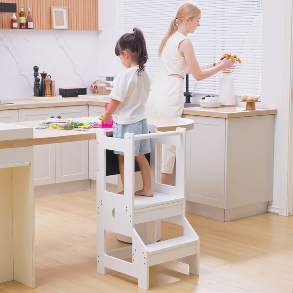 HOMCOM 2-in-1 Kids Step Stool, Toddler Table and Chair Set, with Safety Rail Chalkboard Kitchen Helper Standing Tower, White