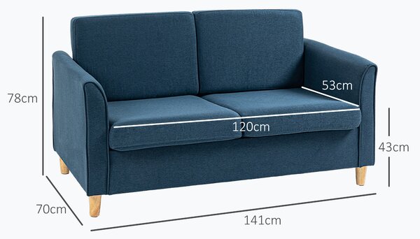HOMCOM Compact Loveseat Sofa, Modern 2 Seater Sofa for Living Room with Wood Legs and Armrests, Cat Scratch Resistant, Blue Aosom UK