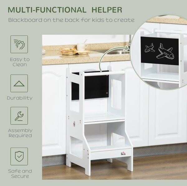 HOMCOM 2-in-1 Kids Step Stool, Toddler Table and Chair Set, with Safety Rail Chalkboard Kitchen Helper Standing Tower, White