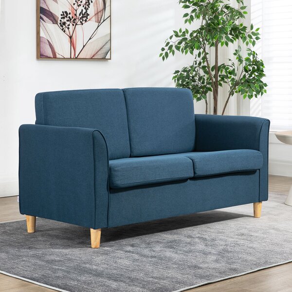 HOMCOM Compact Loveseat Sofa, Modern 2 Seater Sofa for Living Room with Wood Legs and Armrests, Cat Scratch Resistant, Blue Aosom UK