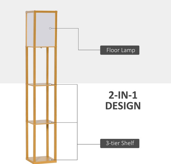 HOMCOM Floor Lamp with Shelves, Floor Standing Lamp, Floor Lights, Natural Reading Illumination for Living Spaces, Kitchen, Natural Aosom UK