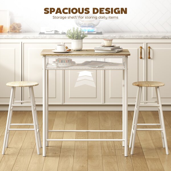 HOMCOM Bar Table and Stools w/ Metal Frame Footrest, Storage Shelf, Bar Table Set for Kitchen, Dining Room, Cafe, White & Oak Aosom UK