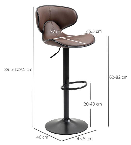 HOMCOM Breakfast Bar Stools Set of 2 with Curved Back Leather Bar Stools 62-82cm Adjustable Height with Curved Back & Gas Lift, Brown Aosom UK