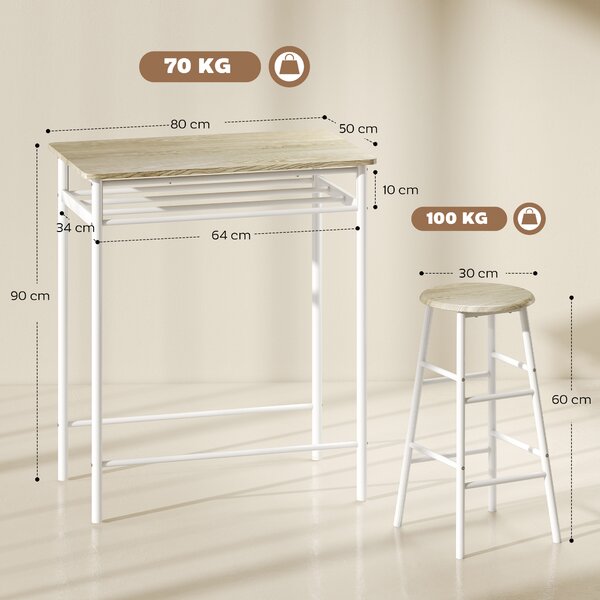 HOMCOM Bar Table and Stools w/ Metal Frame Footrest, Storage Shelf, Bar Table Set for Kitchen, Dining Room, Cafe, White & Oak Aosom UK