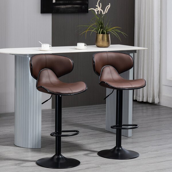 HOMCOM Breakfast Bar Stools Set of 2 with Curved Back Leather Bar Stools 62-82cm Adjustable Height with Curved Back & Gas Lift, Brown Aosom UK