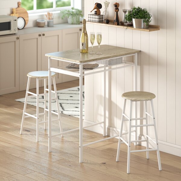 HOMCOM Bar Table and Stools w/ Metal Frame Footrest, Storage Shelf, Bar Table Set for Kitchen, Dining Room, Cafe, White & Oak Aosom UK