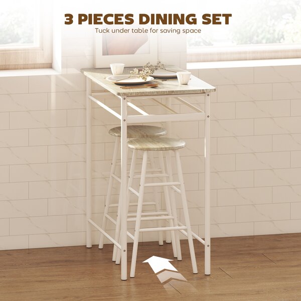 HOMCOM Bar Table and Stools w/ Metal Frame Footrest, Storage Shelf, Bar Table Set for Kitchen, Dining Room, Cafe, White & Oak Aosom UK
