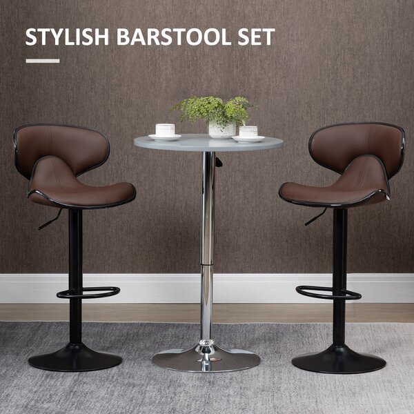 HOMCOM Breakfast Bar Stools Set of 2 with Curved Back Leather Bar Stools 62-82cm Adjustable Height with Curved Back & Gas Lift, Brown Aosom UK