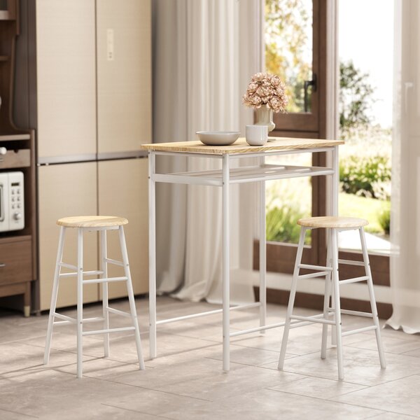HOMCOM Bar Table and Stools w/ Metal Frame Footrest, Storage Shelf, Bar Table Set for Kitchen, Dining Room, Cafe, White & Oak Aosom UK