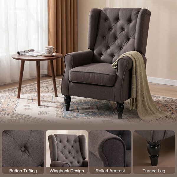 HOMCOM Wing Back Armchair with 160kg Capacity Wingback Upholstered Button Tufted Chair for Living Room Bedroom, Brown Aosom UK