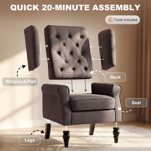 HOMCOM Wing Back Armchair with 160kg Capacity Wingback Upholstered Button Tufted Chair for Living Room Bedroom, Brown Aosom UK