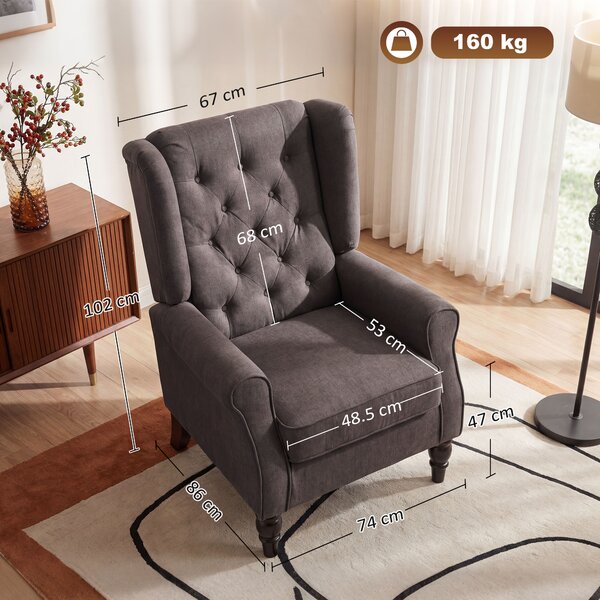 HOMCOM Wing Back Armchair with 160kg Capacity Wingback Upholstered Button Tufted Chair for Living Room Bedroom, Brown Aosom UK