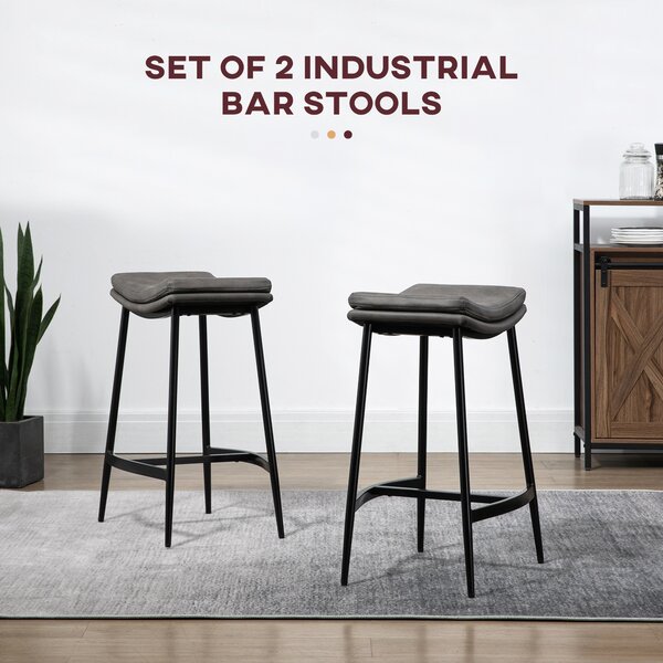 HOMCOM Bar Chairs Set of 2, Microfibre Upholstered Barstools, Industrial Counter Bar Stool with Curved Seat and Steel Frame, Anti-Cat-Scratch Aosom UK