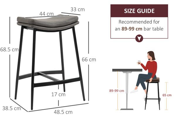 HOMCOM Bar Chairs Set of 2, Microfibre Upholstered Barstools, Industrial Counter Bar Stool with Curved Seat and Steel Frame, Anti-Cat-Scratch Aosom UK