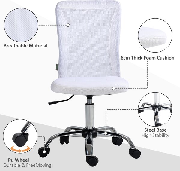 Vinsetto Swivel Office Chair, Armless Desk Chair with Adjustable Height, Breathable Back & Smooth Swivel Wheels, White Aosom UK